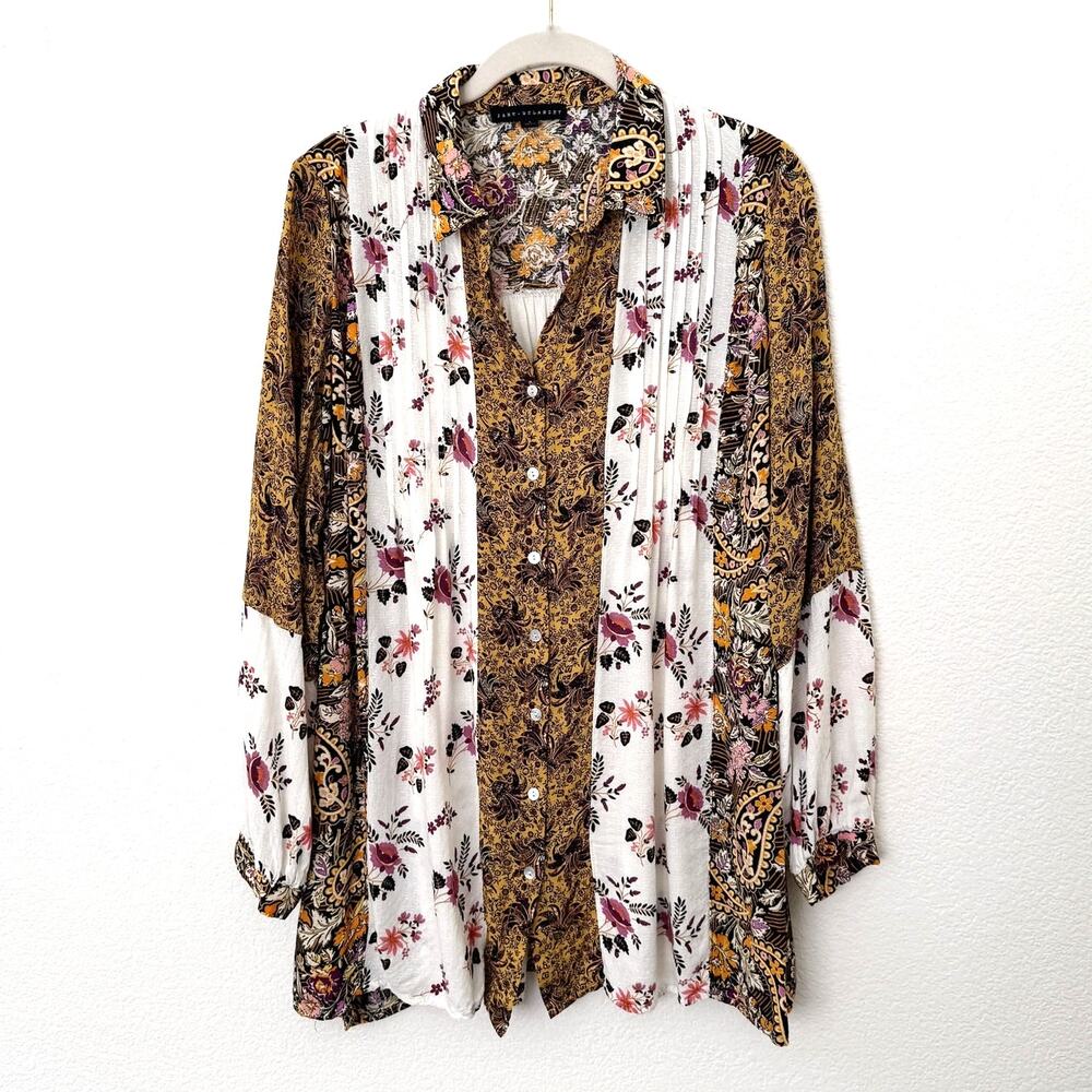 [Jane & Delancey] Mixed Floral Print Button Down Oversized Boho Blouse Sz Large